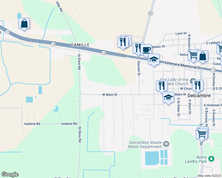 map of restaurants, bars, coffee shops, grocery stores, and more near 1410 West Main Street in Delcambre