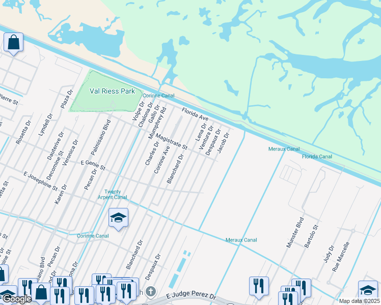 map of restaurants, bars, coffee shops, grocery stores, and more near 3726 Lena Drive in Chalmette