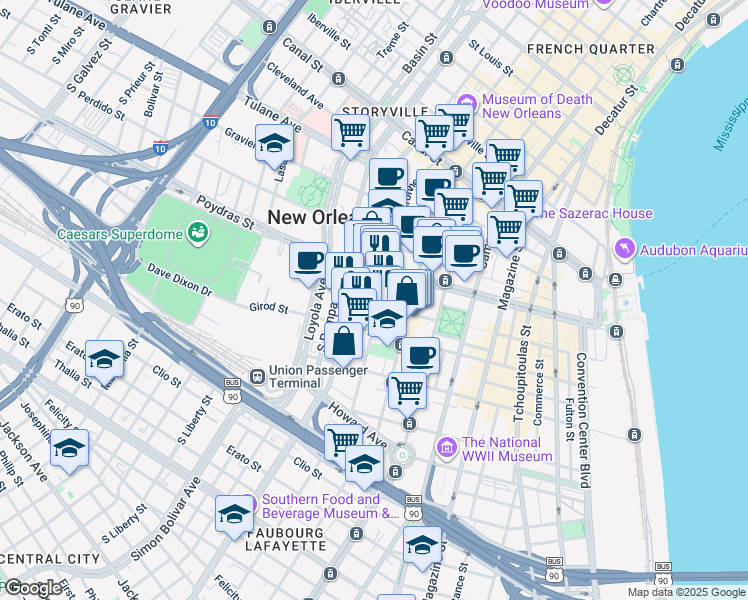 map of restaurants, bars, coffee shops, grocery stores, and more near 549 Baronne Street in New Orleans