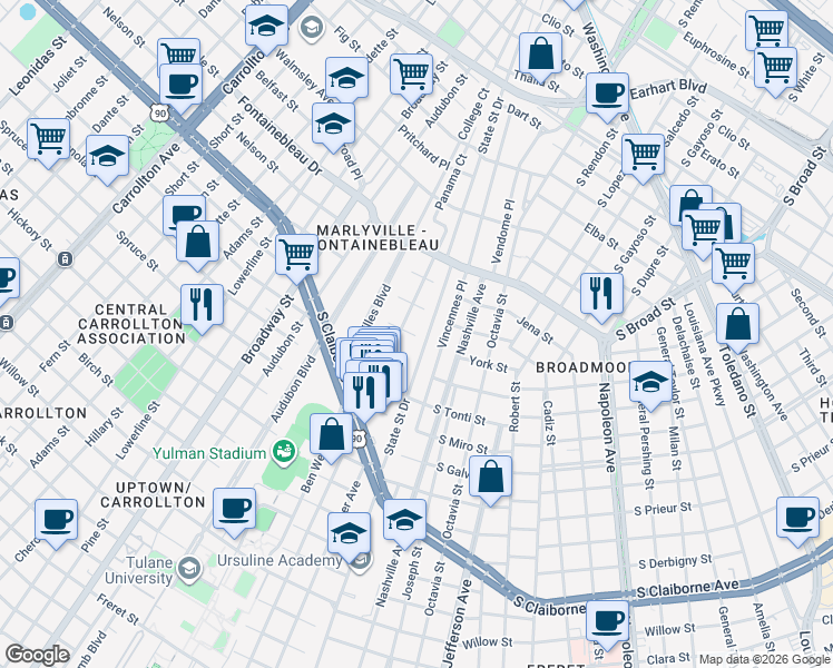 map of restaurants, bars, coffee shops, grocery stores, and more near 3605 State Street Drive in New Orleans