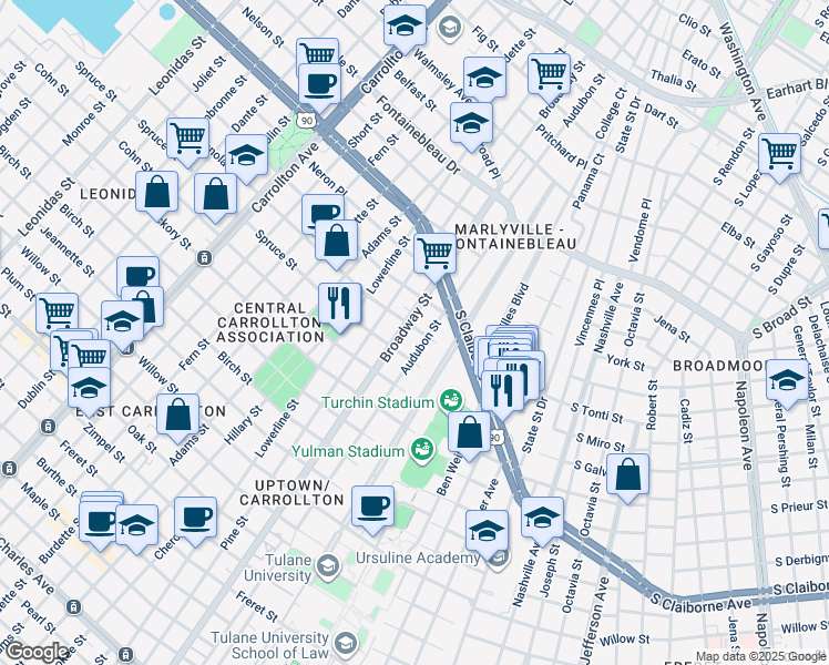 map of restaurants, bars, coffee shops, grocery stores, and more near 7120 Panola Street in New Orleans