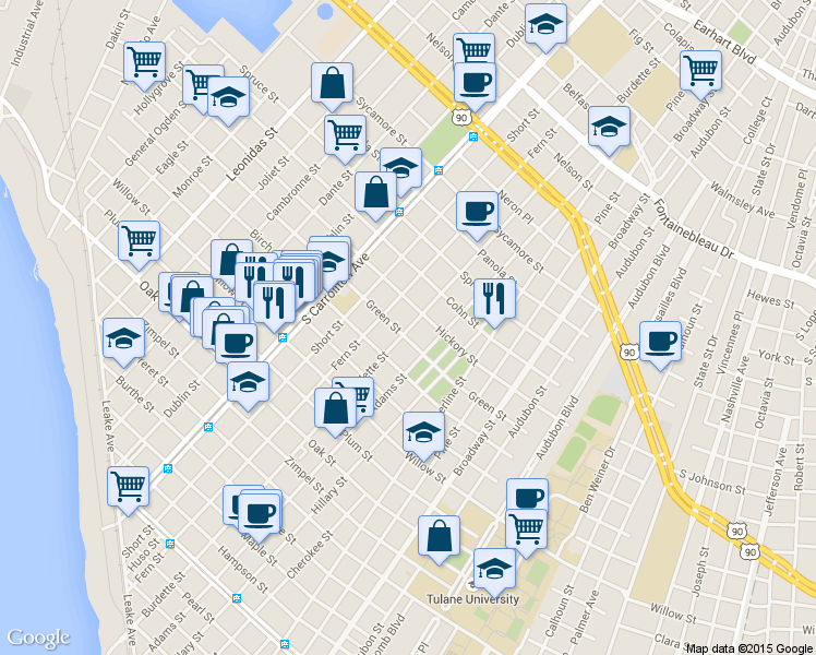 map of restaurants, bars, coffee shops, grocery stores, and more near 1713 Burdette Street in New Orleans