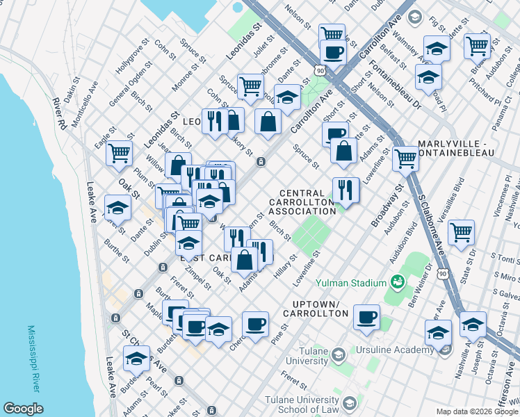 map of restaurants, bars, coffee shops, grocery stores, and more near 1619 Fern Street in New Orleans
