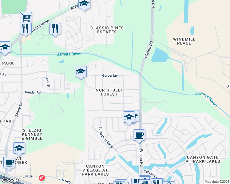 map of restaurants, bars, coffee shops, grocery stores, and more near 9338 Greens Road in Humble
