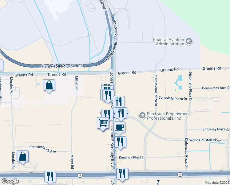map of restaurants, bars, coffee shops, grocery stores, and more near 15840 John F Kennedy Boulevard in Houston