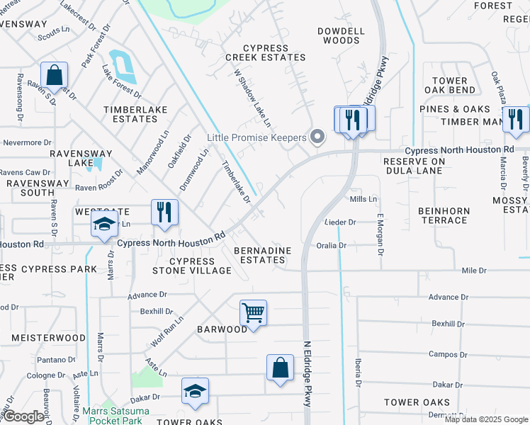 map of restaurants, bars, coffee shops, grocery stores, and more near 12539 Cypress North Houston Road in Harris County