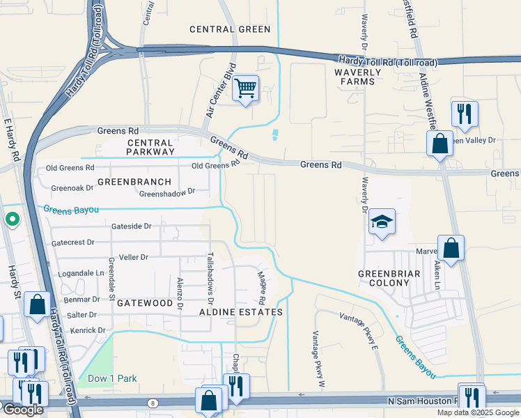 map of restaurants, bars, coffee shops, grocery stores, and more near 1710 Greens Road in Houston
