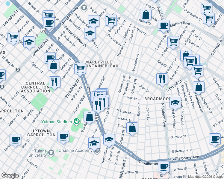 map of restaurants, bars, coffee shops, grocery stores, and more near 3605 State Street Drive in New Orleans