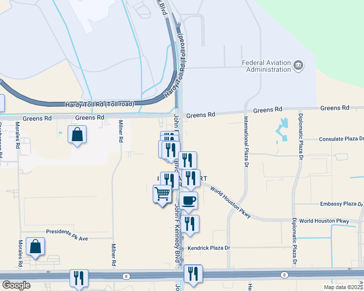 map of restaurants, bars, coffee shops, grocery stores, and more near 15842 John F Kennedy Boulevard in Houston