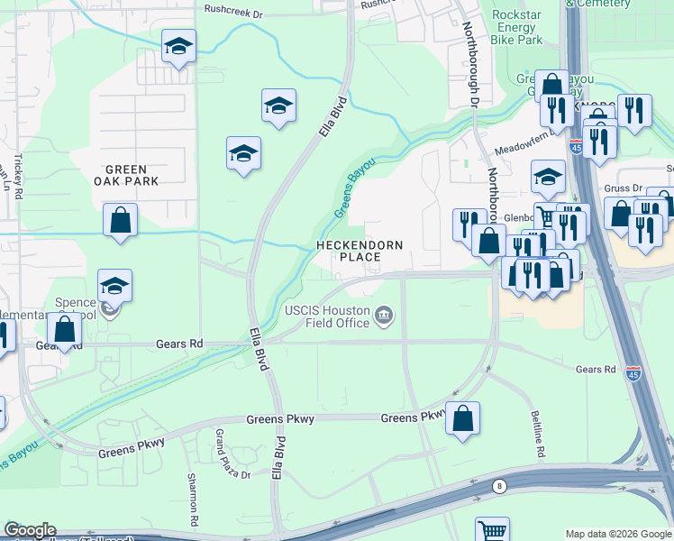 map of restaurants, bars, coffee shops, grocery stores, and more near 1018 West Greens Road in Houston