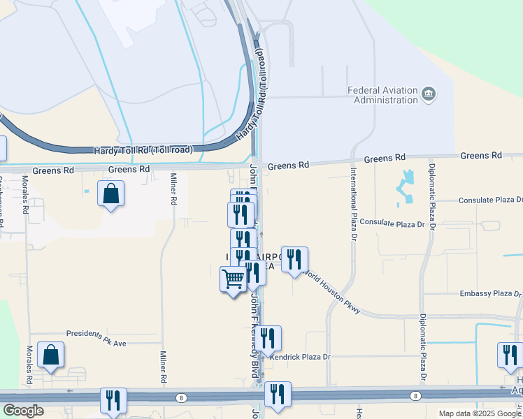 map of restaurants, bars, coffee shops, grocery stores, and more near 15842 John F Kennedy Boulevard in Houston