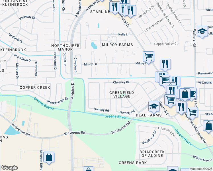 map of restaurants, bars, coffee shops, grocery stores, and more near 11438 Gracechurch Drive in Houston