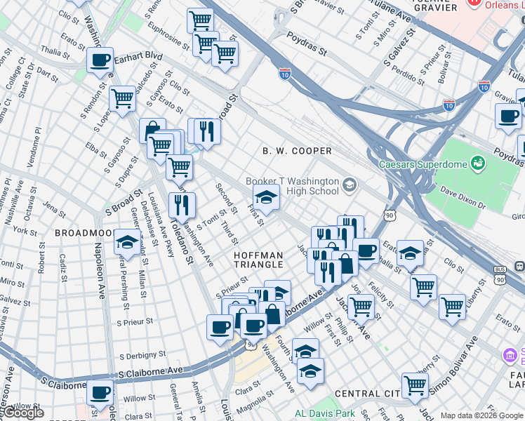 map of restaurants, bars, coffee shops, grocery stores, and more near 2344 South Miro Street in New Orleans