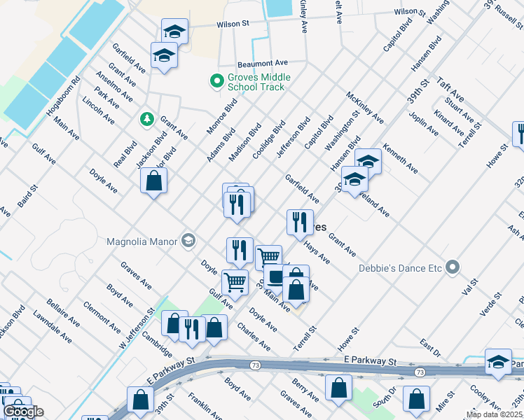 map of restaurants, bars, coffee shops, grocery stores, and more near 6275 Washington Street in Groves
