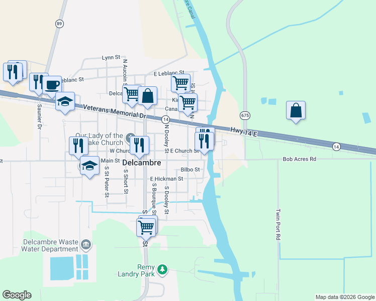 map of restaurants, bars, coffee shops, grocery stores, and more near 382 East Church Street in Delcambre