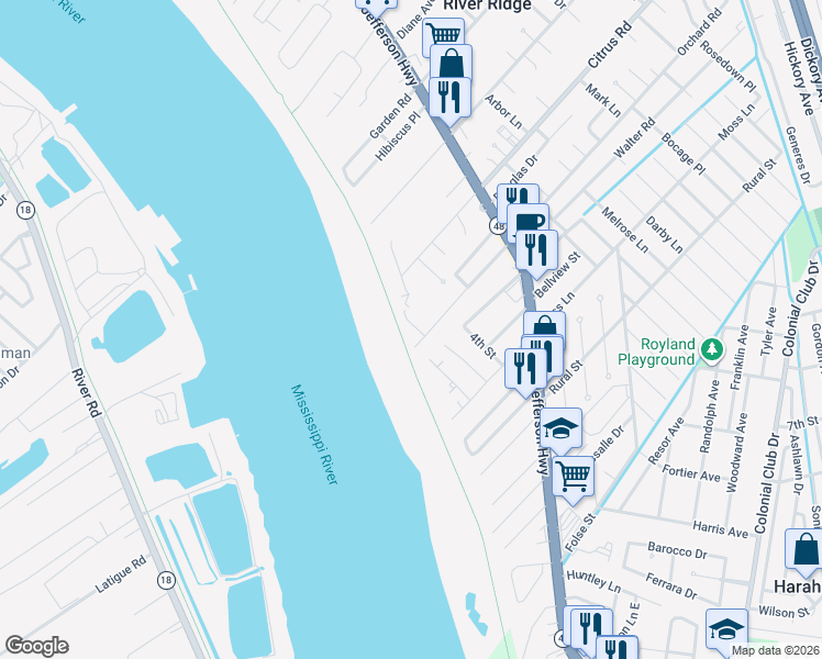 map of restaurants, bars, coffee shops, grocery stores, and more near 9310 River Lane in River Ridge