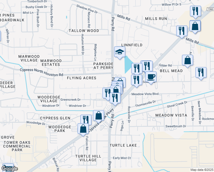 map of restaurants, bars, coffee shops, grocery stores, and more near 12002 Barrycliff Court in Houston
