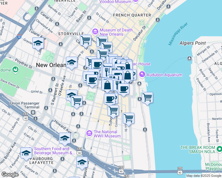 map of restaurants, bars, coffee shops, grocery stores, and more near 419 Poydras Street in New Orleans