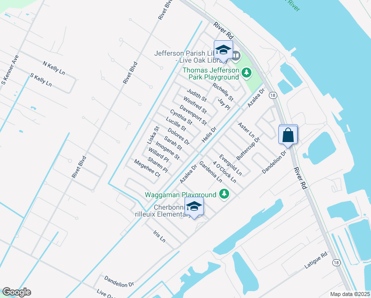 map of restaurants, bars, coffee shops, grocery stores, and more near 13 Sarah Street in Westwego