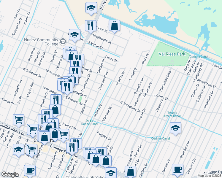 map of restaurants, bars, coffee shops, grocery stores, and more near 3417 Rosetta Drive in Chalmette