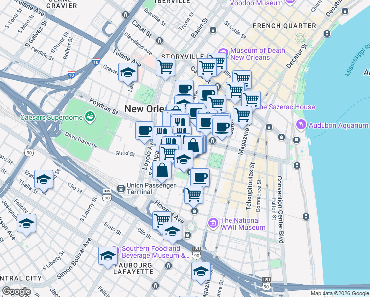 map of restaurants, bars, coffee shops, grocery stores, and more near 549 Baronne Street in New Orleans