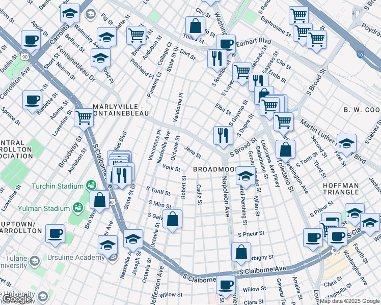 map of restaurants, bars, coffee shops, grocery stores, and more near 2132 South Salcedo Street in New Orleans