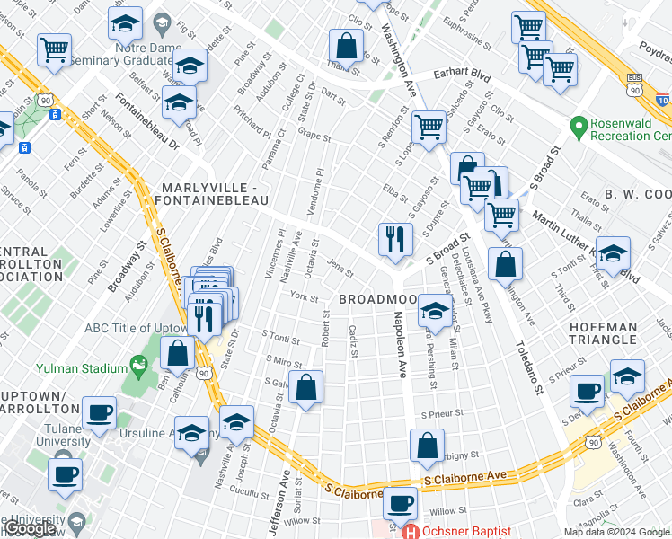 map of restaurants, bars, coffee shops, grocery stores, and more near 5401 Mc Kenna Street in New Orleans