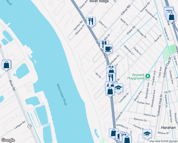 map of restaurants, bars, coffee shops, grocery stores, and more near 107 Orchard Road in River Ridge