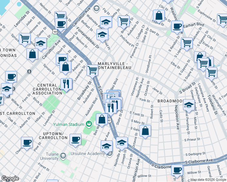 map of restaurants, bars, coffee shops, grocery stores, and more near 3326 Calhoun Street in New Orleans