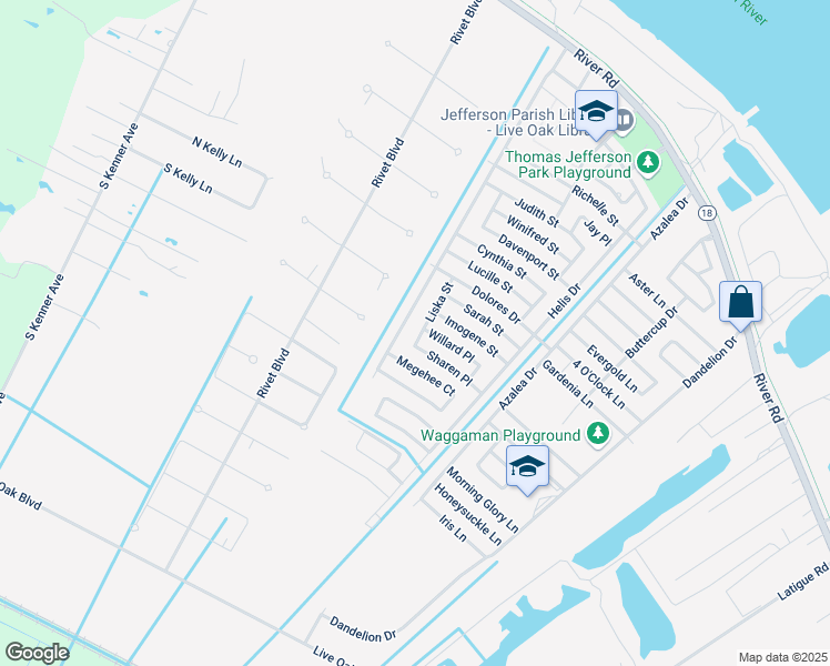 map of restaurants, bars, coffee shops, grocery stores, and more near 40 Willard Place in Westwego