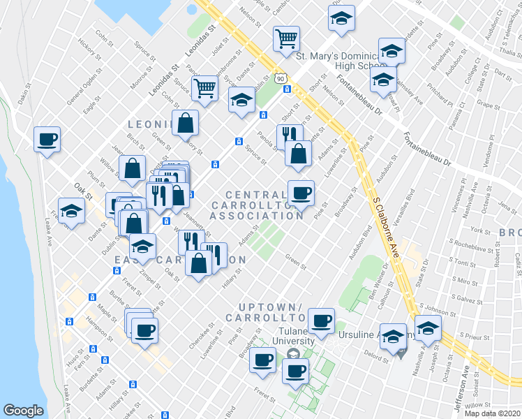 map of restaurants, bars, coffee shops, grocery stores, and more near 7722 Hickory Street in New Orleans