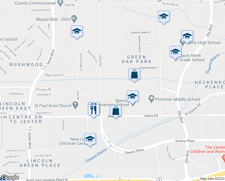 map of restaurants, bars, coffee shops, grocery stores, and more near 11514 Trickey Road in Houston
