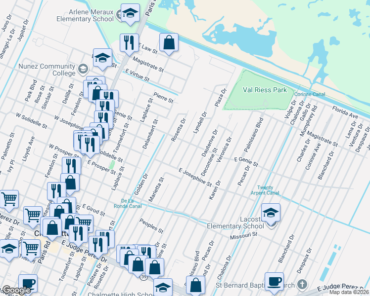 map of restaurants, bars, coffee shops, grocery stores, and more near 3516 Lyndell Drive in Chalmette