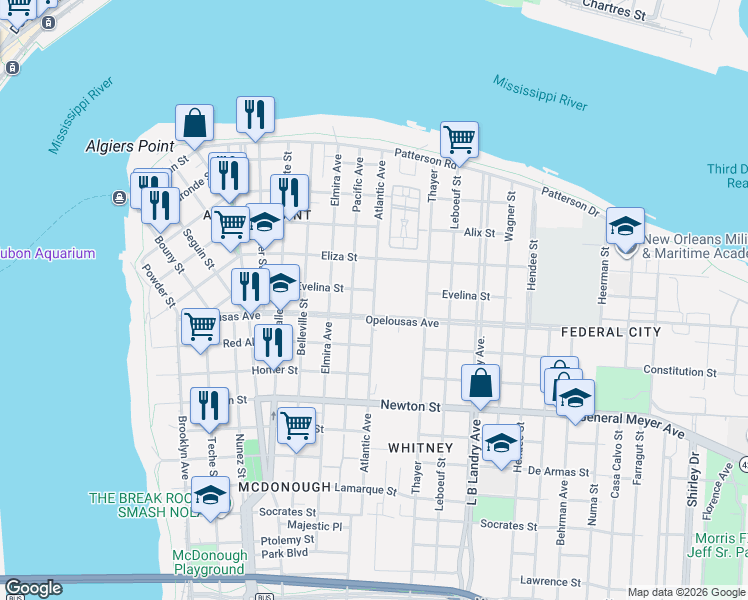 map of restaurants, bars, coffee shops, grocery stores, and more near 623 Atlantic Avenue in New Orleans