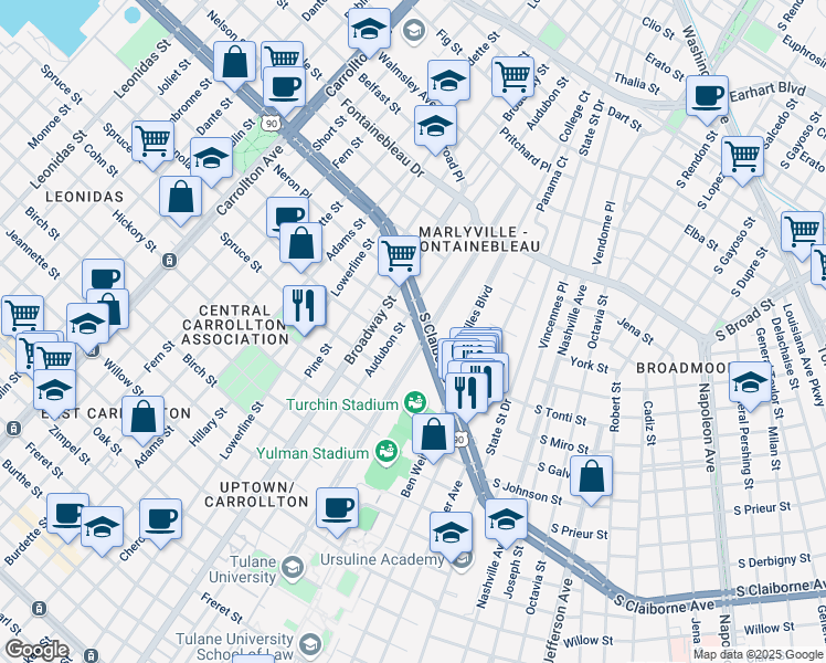 map of restaurants, bars, coffee shops, grocery stores, and more near 248 Audubon Boulevard in New Orleans