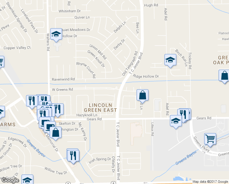 map of restaurants, bars, coffee shops, grocery stores, and more near 11367 Old Telegraph Road in Houston