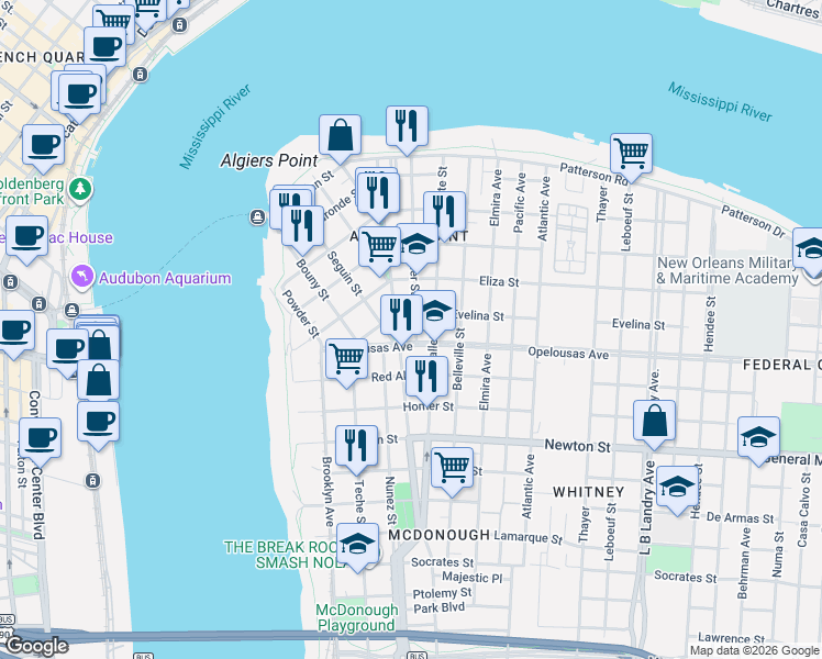 map of restaurants, bars, coffee shops, grocery stores, and more near 620 Opelousas Avenue in New Orleans