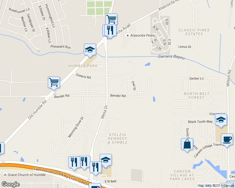 map of restaurants, bars, coffee shops, grocery stores, and more near 15803 Murrelet Court in Humble