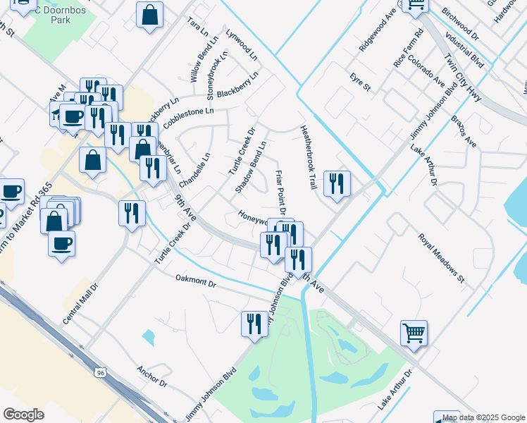 map of restaurants, bars, coffee shops, grocery stores, and more near 7965 Brittani Court in Port Arthur