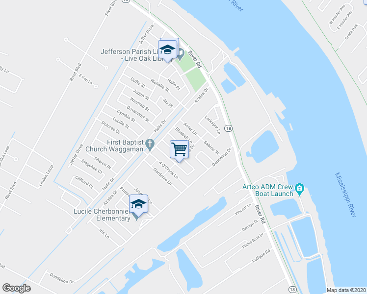 map of restaurants, bars, coffee shops, grocery stores, and more near 45 Camellia Lane in Westwego