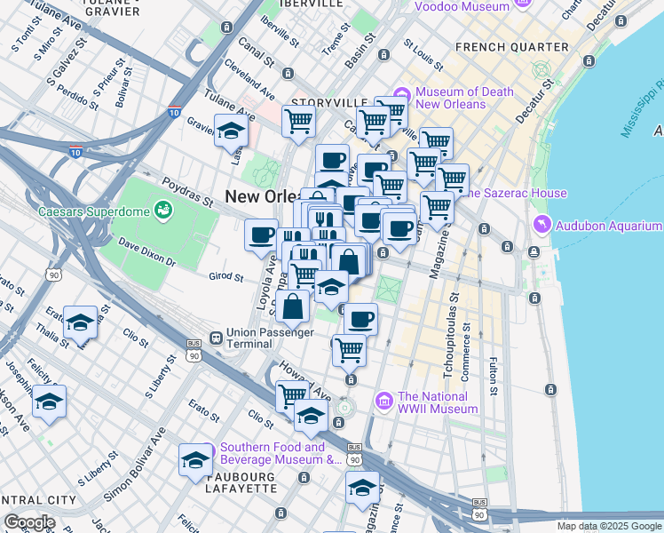 map of restaurants, bars, coffee shops, grocery stores, and more near 528 Baronne Street in New Orleans