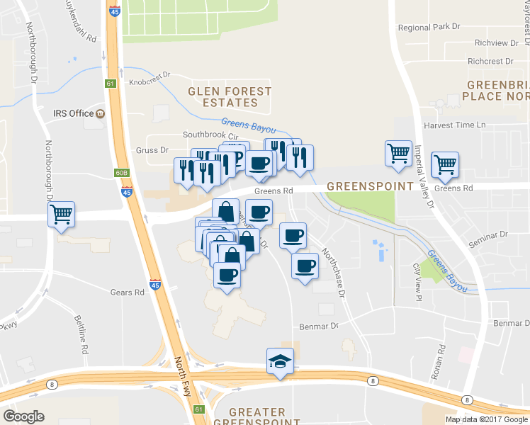 map of restaurants, bars, coffee shops, grocery stores, and more near 12440 Greenspoint Drive in Houston