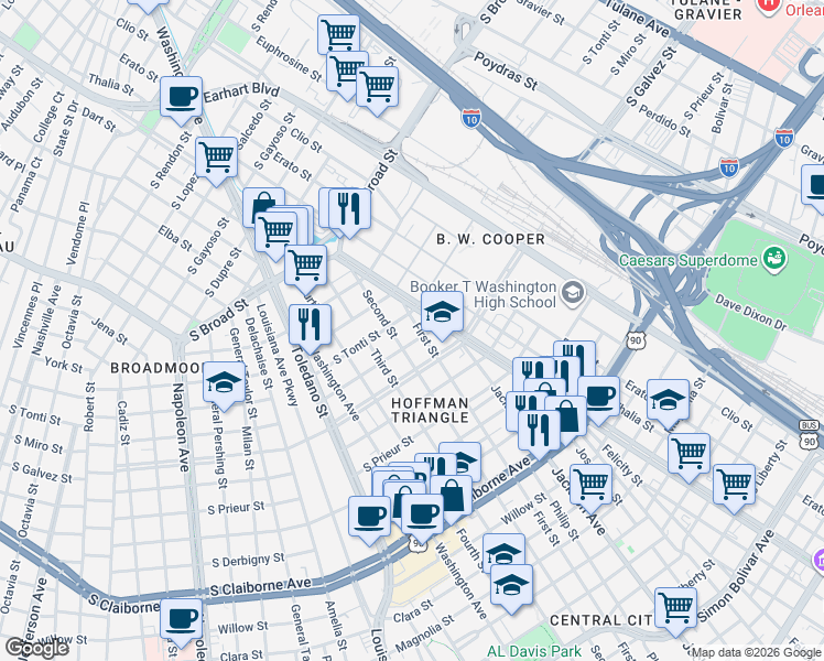 map of restaurants, bars, coffee shops, grocery stores, and more near 2344 South Miro Street in New Orleans