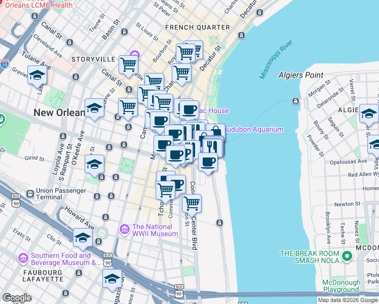 map of restaurants, bars, coffee shops, grocery stores, and more near 8 Canal Street in New Orleans