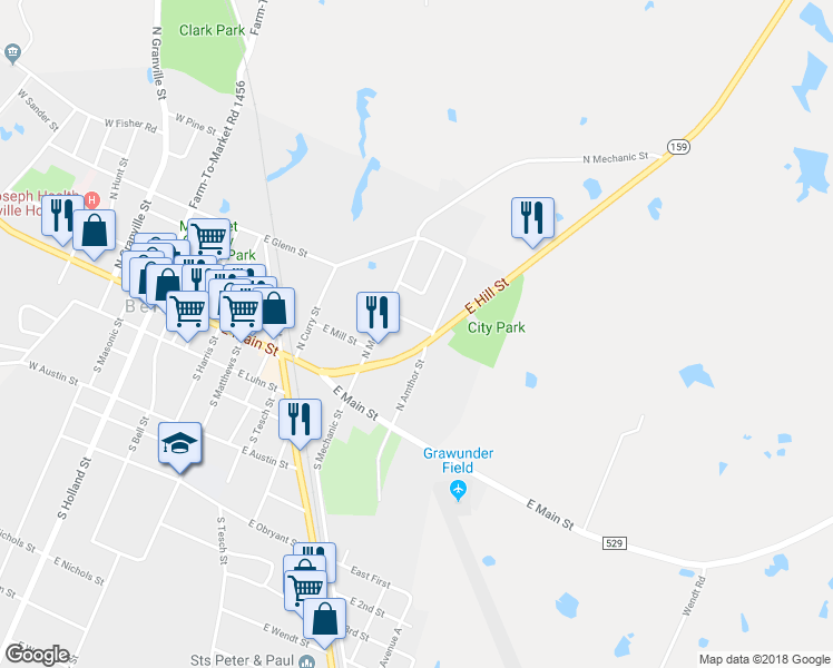 map of restaurants, bars, coffee shops, grocery stores, and more near 879 East Hill Street in Bellville