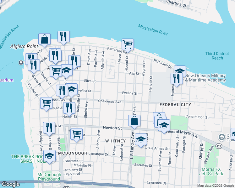 map of restaurants, bars, coffee shops, grocery stores, and more near 624 Thayer in New Orleans
