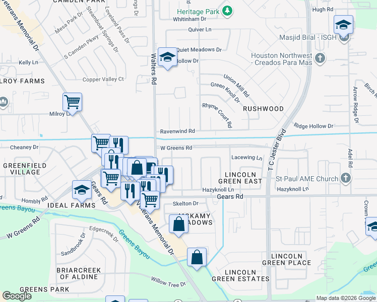map of restaurants, bars, coffee shops, grocery stores, and more near 2702 Lacewing Lane in Houston