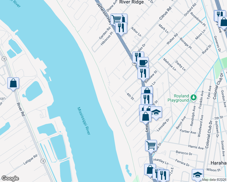 map of restaurants, bars, coffee shops, grocery stores, and more near 107 Orchard Road in River Ridge