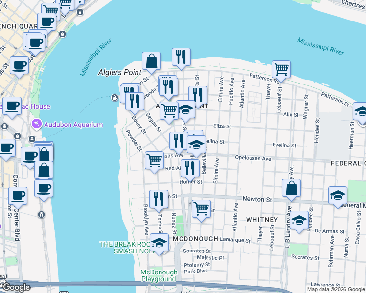 map of restaurants, bars, coffee shops, grocery stores, and more near 620 Opelousas Avenue in New Orleans
