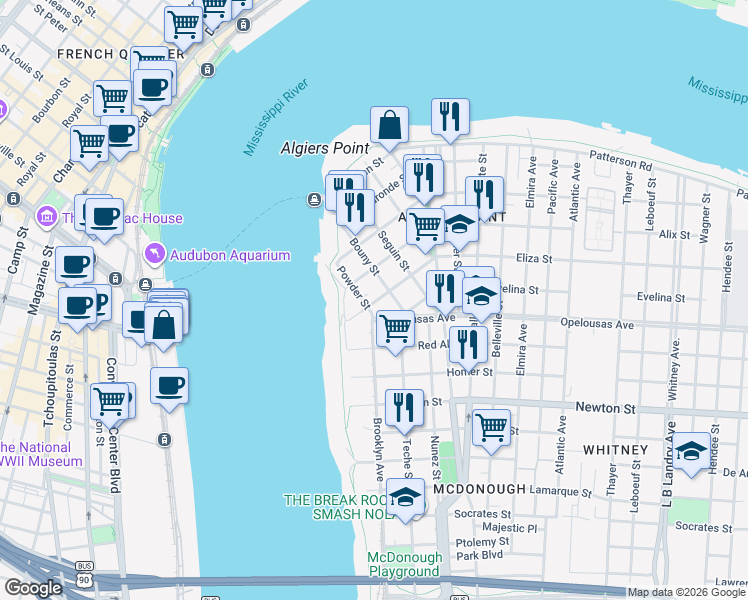 map of restaurants, bars, coffee shops, grocery stores, and more near 137 Eliza Street in New Orleans